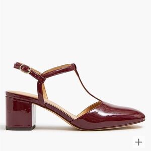 J.Crew patent t-strap heels in vintage burgundy. New in box.